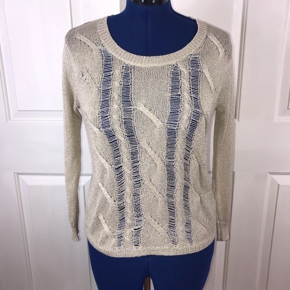 Rock & Republic‎ S cream/metallic distressed cable knit crew neck sweater - Picture 10 of 10